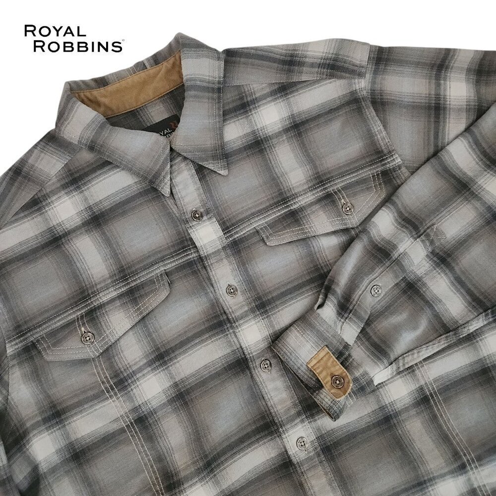 Royal Robbins Long Sleeve Stretch Plaid Shirt – Men's Size L – Gray – Excellent